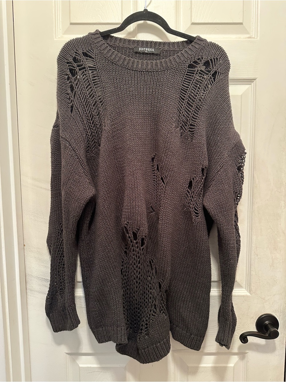Disturbia Distressed Open-Weave Crewneck Sweater Grey Grunge Indie Drop Stitch